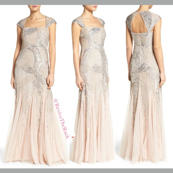 NEW Adrianna Papell Embellished Cap-Sleeve Envelope Gown in Shell [ PETITE 8P ]‎ - Picture 1 of 7